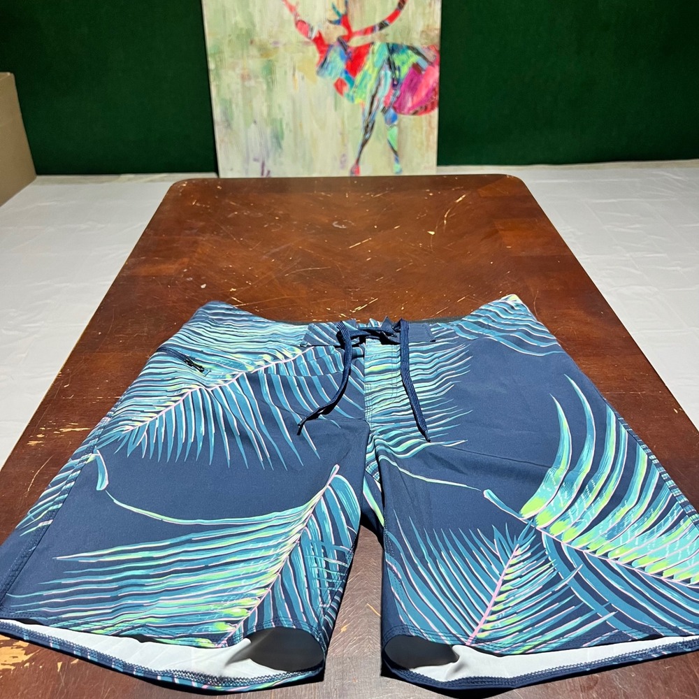 Kahala Mens Tropical Palm Print Board Shorts Navy Blue 3652-K154-415 Size 34